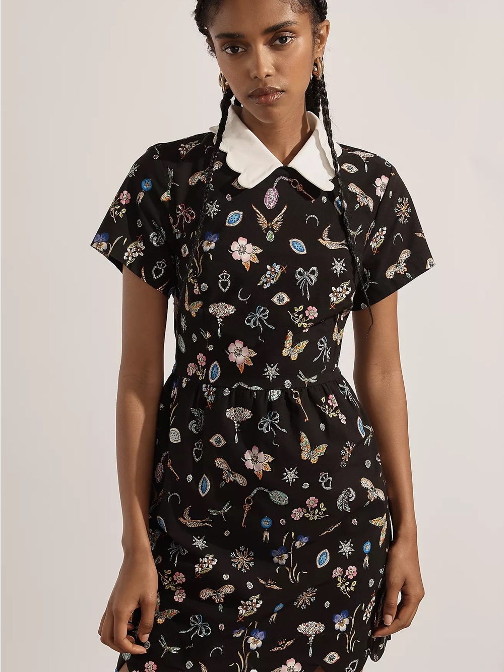 Maeve Black Mini Dress with White Peter Pan Collar and Multicolor Floral Motif